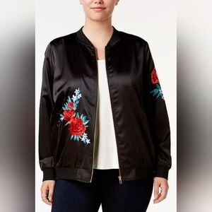 Say What? Black Bomber Jacket with Red Floral Embroidery Womens Size Small